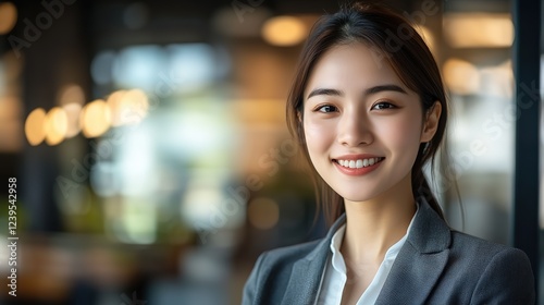 smiling young Asian woman wearing business attire smiling at modern office 