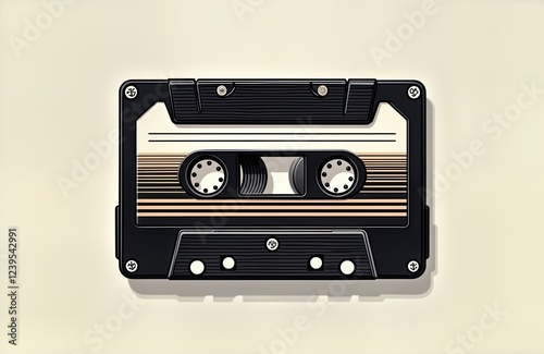 Vintage cassette tape illustration. Retro audio media. Classic music format. Simple design. Black, beige colors. Analog technology. Illustration for nostalgia themed design. Great for music lover. photo