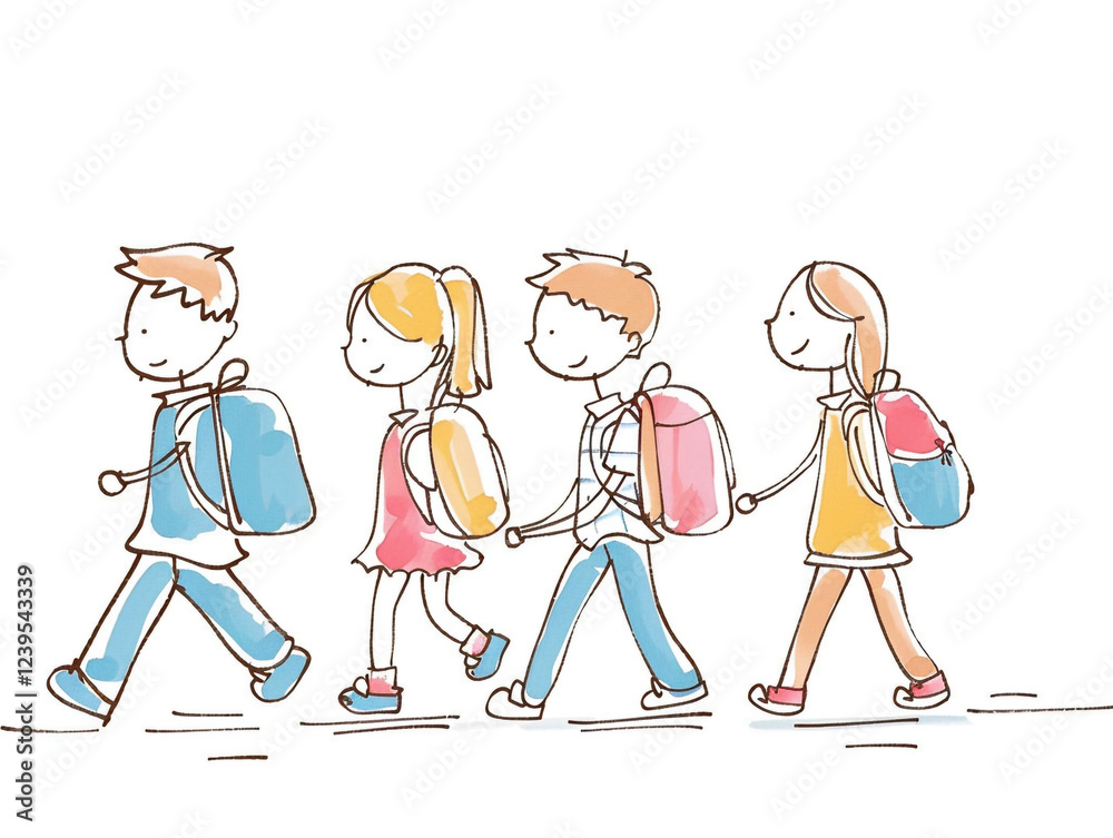 Hand drawn kids going to school, stick figure illustration isolated on a white background