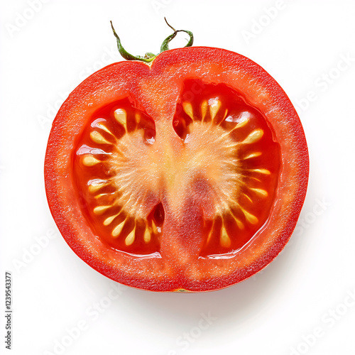 Fresh red tomato half with juicy flesh, visible seeds and natural texture on a white background photo