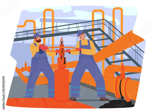 Industrial worker characters providing urgency repair operation to eliminate crude oil leakage
