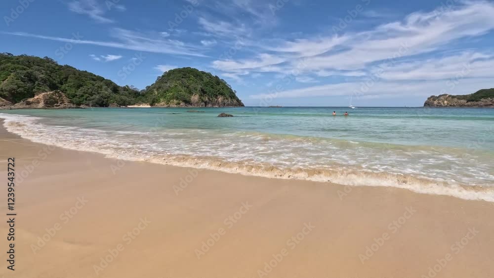 Matapouri Bay Beach New Zealand Pan Right To Waves Matapouri Bay Beach New Zealand Pan Right To Waves