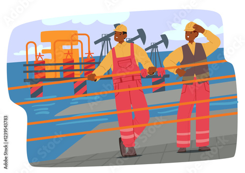 Industrial workers characters working at oil drilling rigs offshore platform cartoon scene