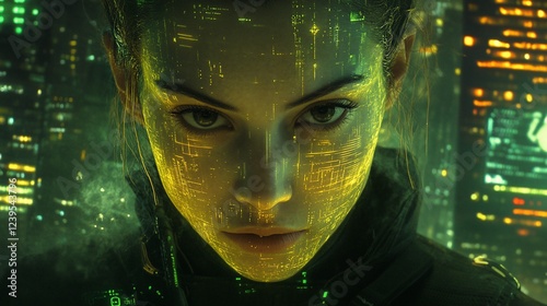 Cyberpunk woman in futuristic city, glowing face, focused gaze.  Possible use  Digital art, gaming, movie poster photo