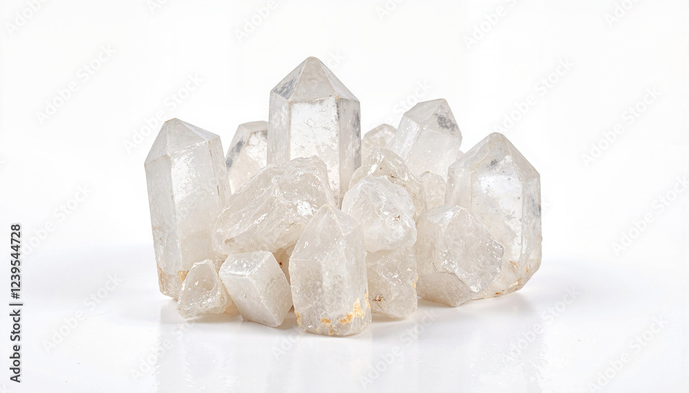 Cluster of clear quartz crystals on white background Cluster of clear quartz crystals on white background