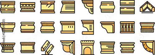 Set of architectural cornices and moldings, providing various decorative elements for enhancing building aesthetics