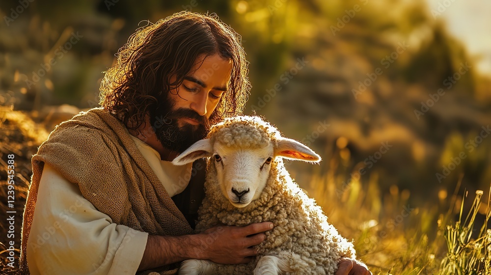 Obraz premium smiling Jesus Christ with a sheep at green pasture nature landscape 