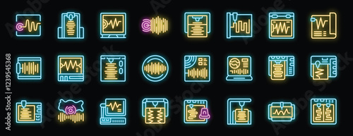 Glowing neon icons representing polygraph tests, voice analysis, and other related concepts, perfect for security or investigation themes