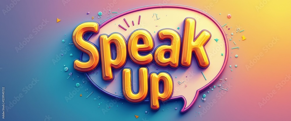 The image features a playful and eye-catching design with the phrase Speak Up prominently displayed in bold, 3D letters within a colorful speech bubble. This lively graphic, adorned with geometric The image features a playful and eye-catching design with the phrase Speak Up prominently displayed in bold, 3D letters within a colorful speech bubble. This lively graphic, adorned with geometric