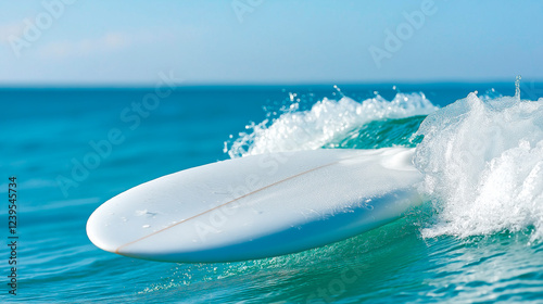 Bright white surfboard resting on calm, glassy turquoise sea. Sunlit ripples shimmer across the water’s surface, creating a peaceful, dreamlike atmosphere with an endless horizon and coastal serenity.