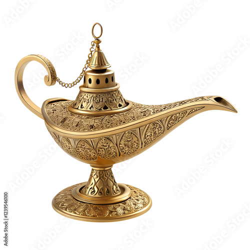 Elegant gold oil lamp with islamic pattern decorative art home decor cultural heritage, isolated on white or transparent background