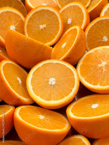 Many halved bright orange juicy oranges 