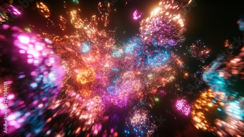 Luminous ethereal particles dance in a cosmic ballet of vibrant colors and soft focus