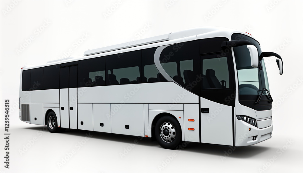 Empty white bus stands isolated on white background. Modern design coach. Side view. Full depth of field. Perfect for travel transportation concept. Ideal for travel posters. Focus on vehicle Empty white bus stands isolated on white background. Modern design coach. Side view. Full depth of field. Perfect for travel transportation concept. Ideal for travel posters. Focus on vehicle