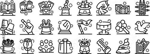 Illusionist equipment icons set. Line icons showcasing various elements of magic shows, including tricks, props, and illusions, perfect for representing entertainment and wonder