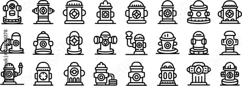Fire hydrant icons set. Line icons representing fire hydrants, essential for firefighting and urban safety