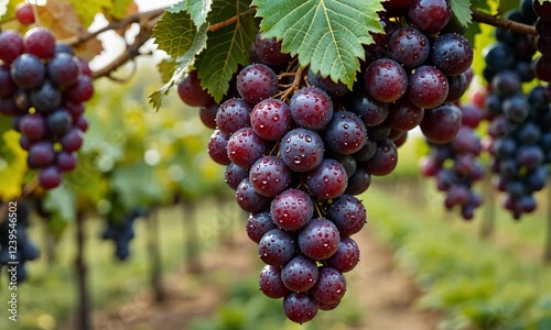Wallpaper Mural Close-Up View of a Bunch of Ripe Purple Grapes Hanging from a Vine, Clustered Together with Green Leaves in a Vineyard, Highlighting the Stage of Grape Ripening Crucial for Harvesting.  Torontodigital.ca