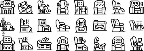 Massage chair icons set. Massage chairs offering various features and functionalities for ultimate relaxation and comfort