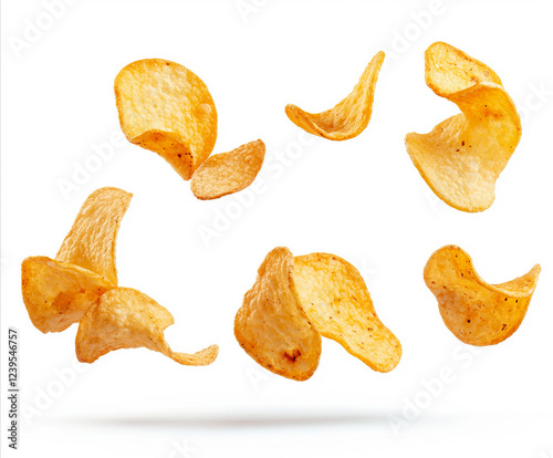 Wallpaper Mural A collection of crispy potato chips floating against a white background, showcasing their golden-brown texture and curved shapes.  Torontodigital.ca