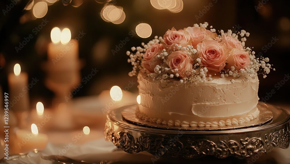 Fototapeta premium Romantic Wedding Cake with Pink Roses and Candles