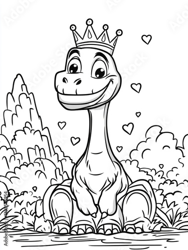 A cartoon dinosaur wearing a crown standing on grass, surrounded by hearts and bushes in the background. The dinosaur has a long neck, a smiling face, and spots on its back.
