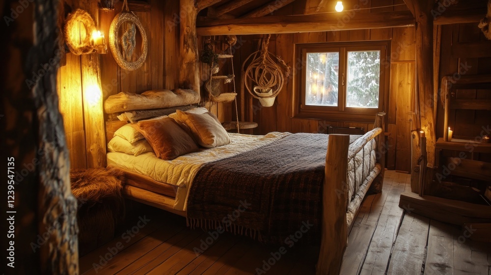 Fototapeta premium Cozy Rustic Bedroom Interior with Warm Lighting and Snowy Window View