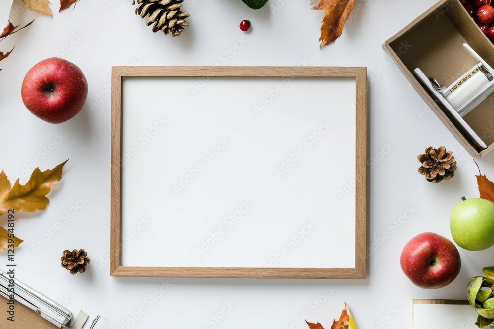 Autumn themed workspace with decorative elements and an empty frame ready for creativity or planning. Generative AI Autumn themed workspace with decorative elements and an empty frame ready for creativity or planning. Generative AI