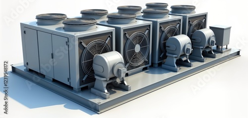 Industrial air conditioner condensing units, VRF units for commercial factory settings shown in isometric view. Modern tech for industrial ventilation, refrigeration systems displayed isolated on photo