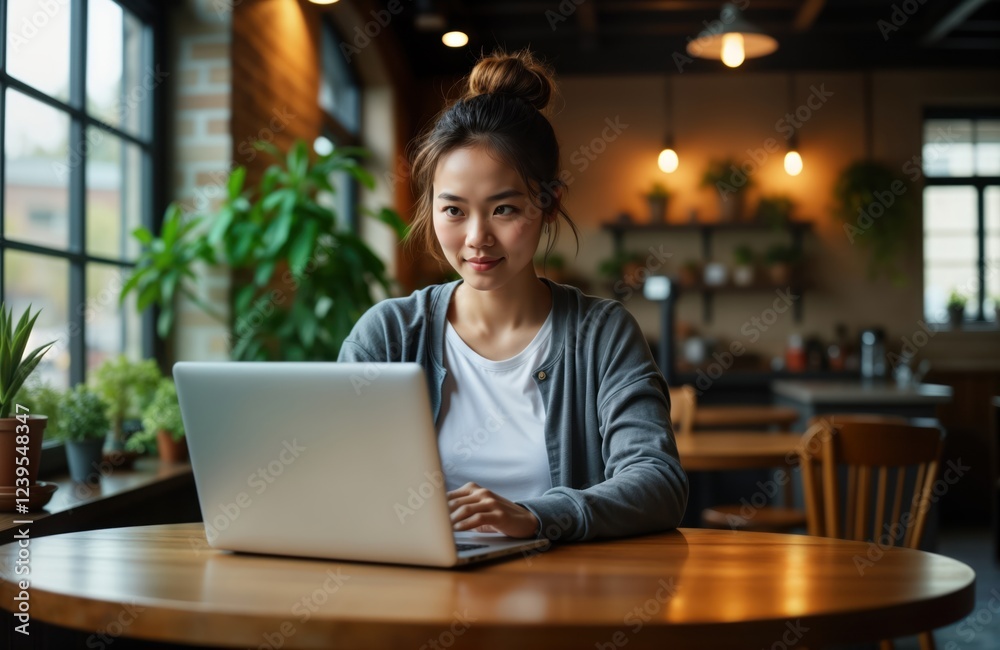 Asian woman sits in cafe, works on laptop. Focused on work. Inside cozy cafe filled with plants, warm lighting. Woman possibly student businesswoman. Looks happy, engaged in work. Perfect example of Asian woman sits in cafe, works on laptop. Focused on work. Inside cozy cafe filled with plants, warm lighting. Woman possibly student businesswoman. Looks happy, engaged in work. Perfect example of