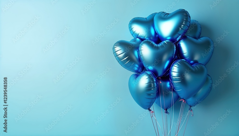 Bunch of blue heart-shaped foil balloons float against light blue backdrop. Festive, romantic image. Suitable for celebrations like Valentine Day, birthdays, anniversaries. Elegant decoration for