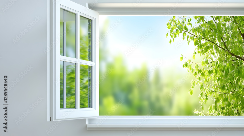 A bright window opens to a lush green landscape, inviting nature indoors with fresh air and sunlight A bright window opens to a lush green landscape, inviting nature indoors with fresh air and sunlight