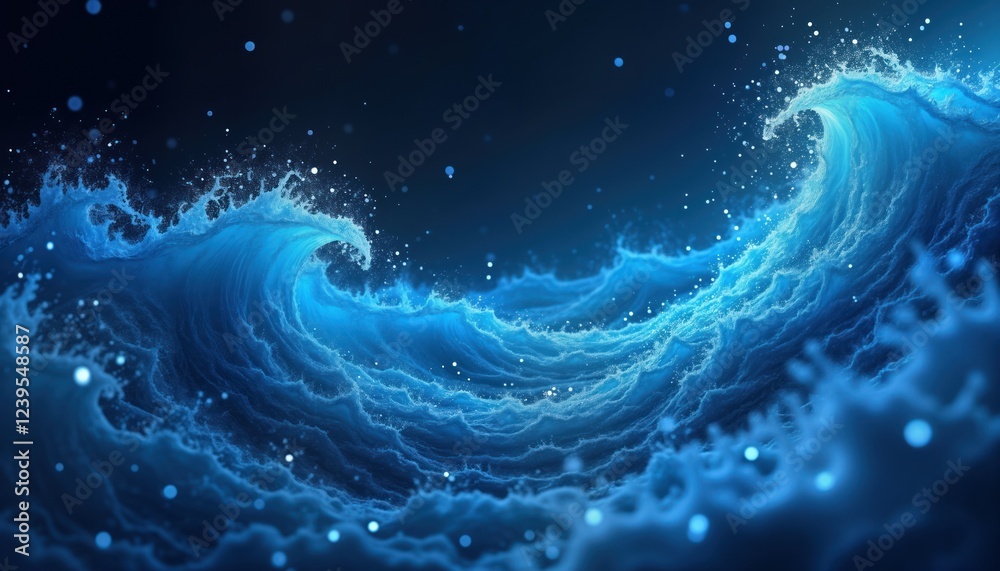 Powerful ocean waves swirl in dynamic blue flow. Cold winter wind effect creates strong water motion. Isolated transparent background displays magical, realistic water scene. Fresh breeze blows