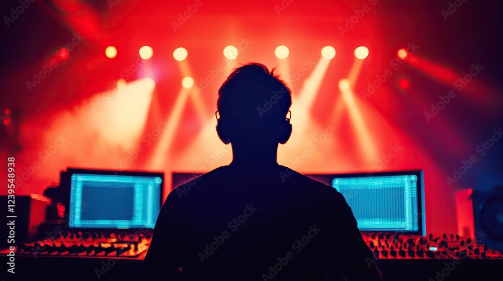 Fototapeta premium Sound engineer working at a live concert during an electrifying performance with vibrant lighting