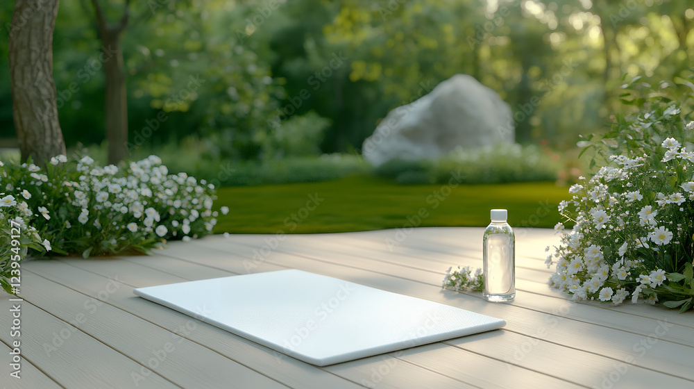 Fototapeta premium A yoga mat and bottle on a serene garden deck, surrounded by lush greenery and flowers