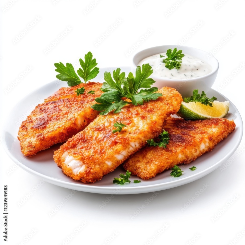 Crispy Golden Fried Fish Fillets Served with Sauce and Fresh Herbs on White Plate with Lime Slice Crispy Golden Fried Fish Fillets Served with Sauce and Fresh Herbs on White Plate with Lime Slice