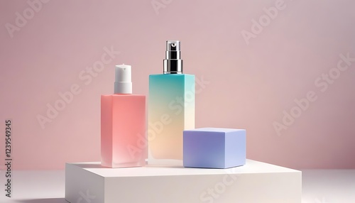 Pastel-colored perfume bottles and cube on a white platform against a pink background.