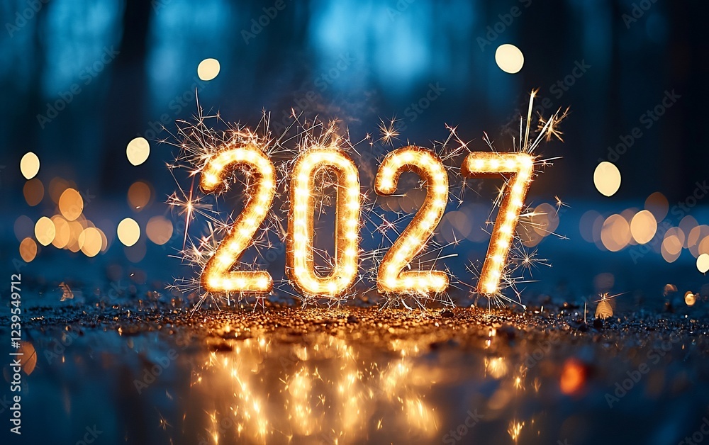 Sparkling 2027 New Year's Eve celebration at night Sparkling 2027 New Year's Eve celebration at night