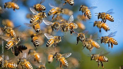 breathtaking landscape showcases lush field of sunflowers in full bloom while lively swarm of bees dances above all set against stunningly clear blue sky. photo