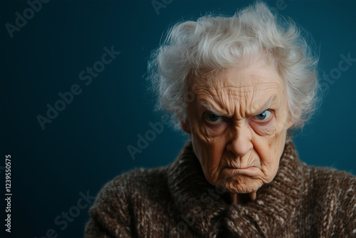 Expression of discontent captured in a close-up of an elderly woman's face with striking white hair and intense eyes