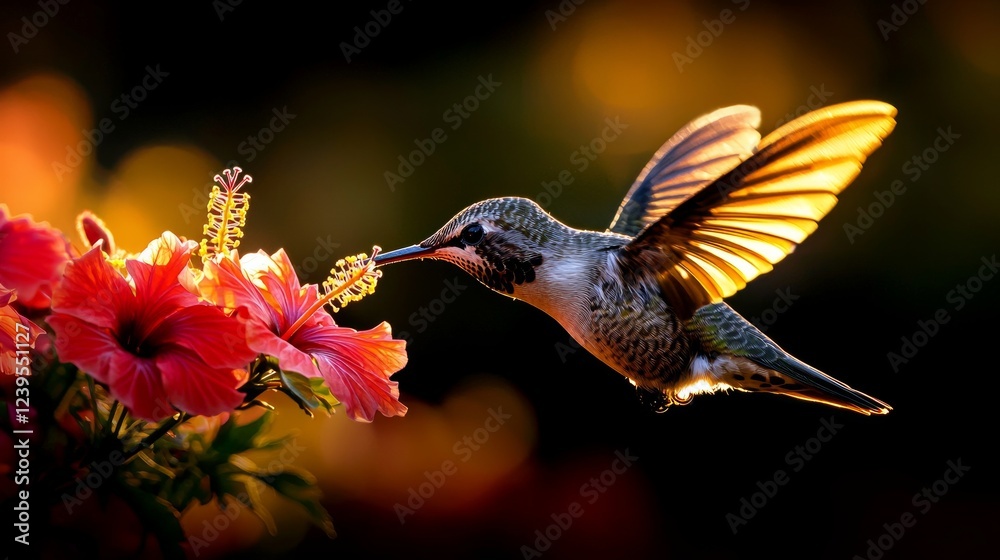 Naklejka premium hummingbird hovers gracefully as it drinks nectar from bright red hibiscus flower amid lush tropical garden illuminated warm sunlight.