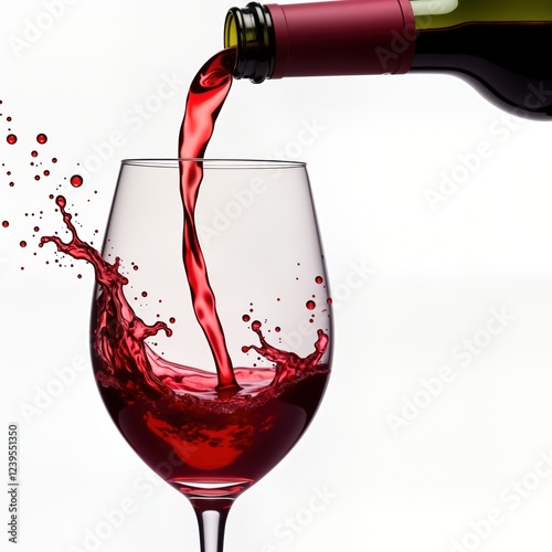 Red wine pours into wine glass creating beautiful splashes. Side view of elegant wine pouring. Luxury beverage photo. Isolated photo of pouring wine in photorealistic illustration. Wine bottle