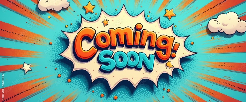 Fototapeta premium This eye-catching graphic features the phrase Coming Soon in a playful, comic book-inspired font, bursting with energy against a bright blue background. The dynamic design, complete with stars and