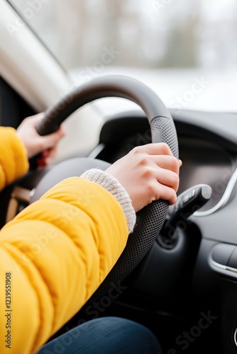 Woman driving a car in winter, wearing a yellow jacket, close up of her hands holding the steering wheel