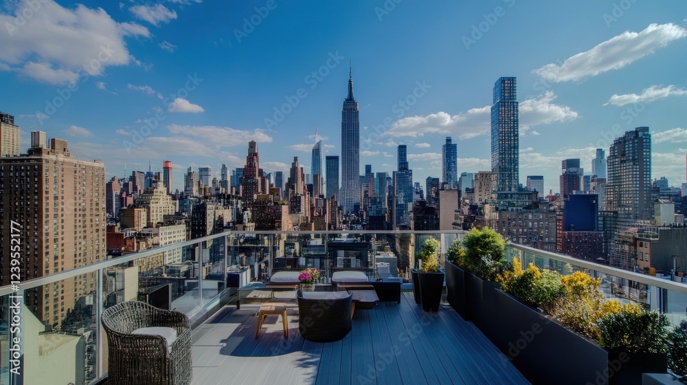 Obraz premium Panoramic New York City Skyline View from a Luxurious Rooftop Terrace