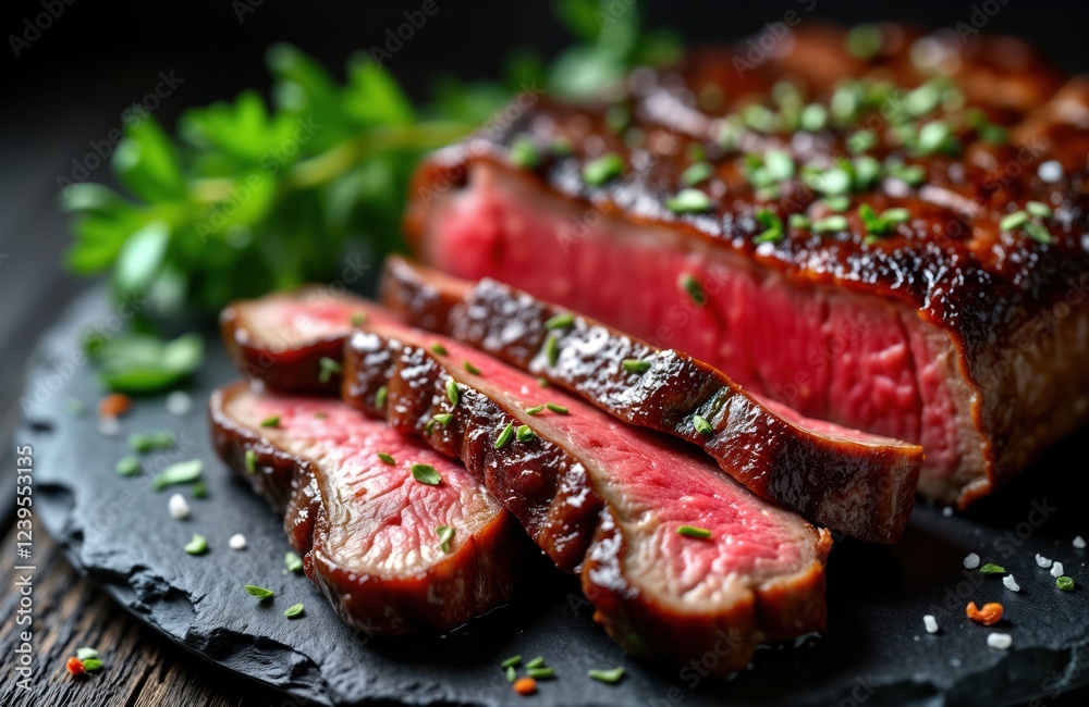 Close-up view of sliced porterhouse, t-bone steak. Large fillet piece with herbs, salt. Barbecue style. Served on dark stone plate. American style meat restaurant. Great for food blogs, restaurant Close-up view of sliced porterhouse, t-bone steak. Large fillet piece with herbs, salt. Barbecue style. Served on dark stone plate. American style meat restaurant. Great for food blogs, restaurant