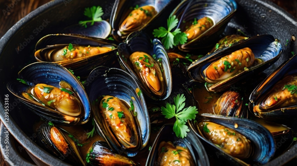 Sizzling Steamed Mussels: Aromatic and Juicy in Herb-Infused Sauce Sizzling Steamed Mussels: Aromatic and Juicy in Herb-Infused Sauce