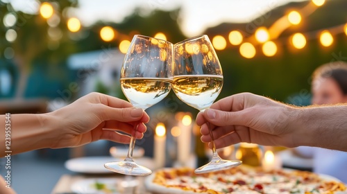 Hands holding glasses of white wine making a toast during a romantic outdoor dinner party
