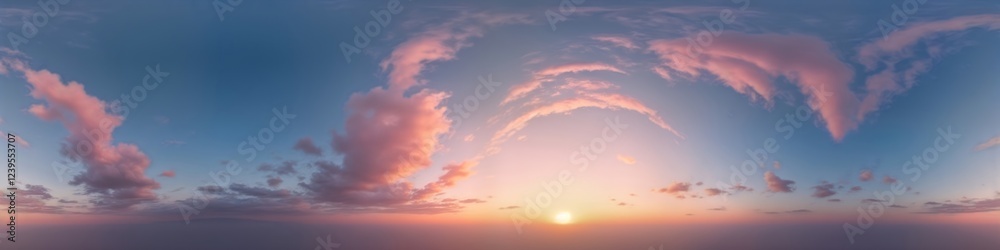 Fototapeta premium Stunning sunset sky panorama. Beautiful cloudscape with vibrant pink cirrus clouds against dark blue twilight sky. Amazing view of sunset colors. Seamless, complete 360 degree view. Ideal for sky