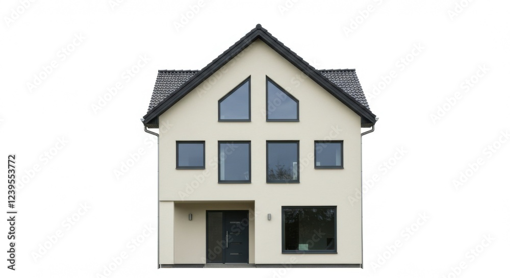 Stylish modern house with a sloped roof and panoramic windows, isolated on white.
Stylish modern house with a sloped roof and panoramic windows, isolated on white.