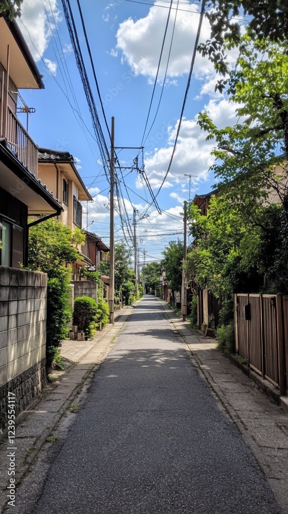 Japanese residential alleyway under a partly cloudy sky Japanese residential alleyway under a partly cloudy sky